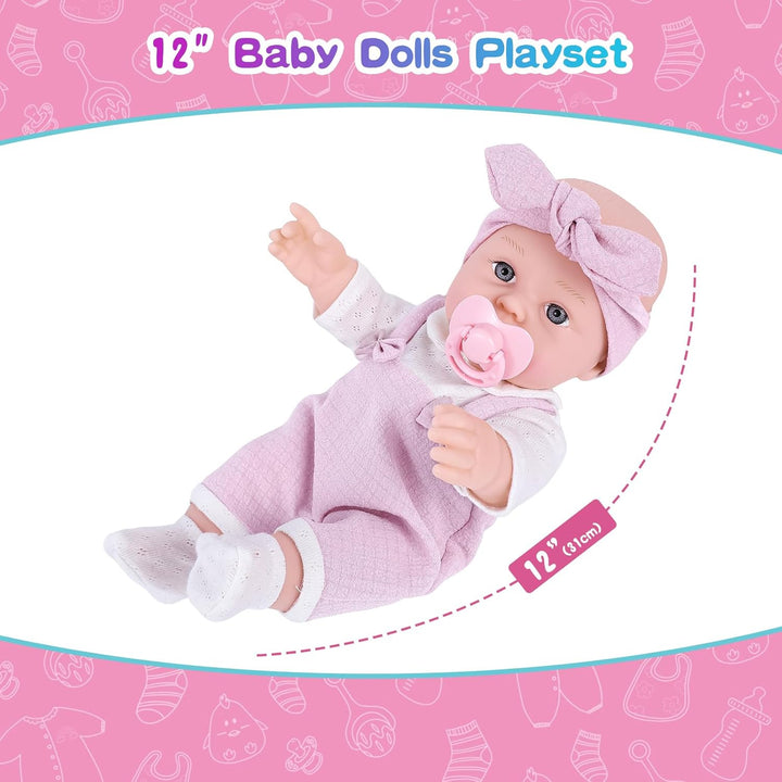 12 Inch Baby Doll Playset with Clothes and Dolls Carrier Accessories Included Baby Carrier, Bottles, Nipple, Socks, Headbands