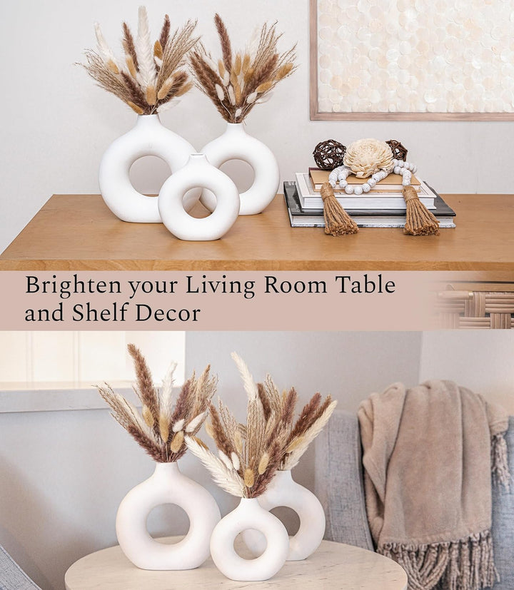 3-Piece White Ceramic Vases w/ Pampas Grass