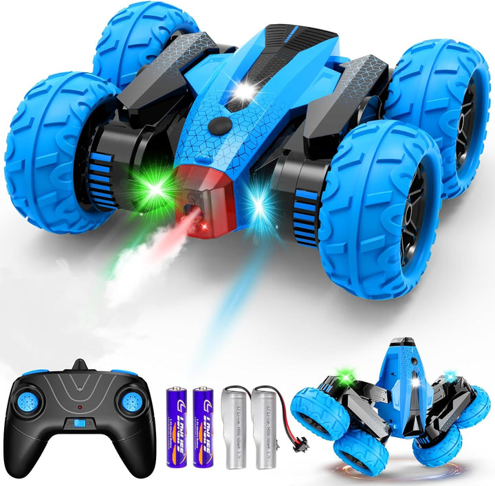 Remote Control Car, RC Stunt Car, 2.4Ghz Double Sided 360° Rotating Remote Control Truck with Headlights, 4 Wheel Drive, Cool Spray Patterns Music for Boys Girls Age 6 7 8 9 10 11 Year Old