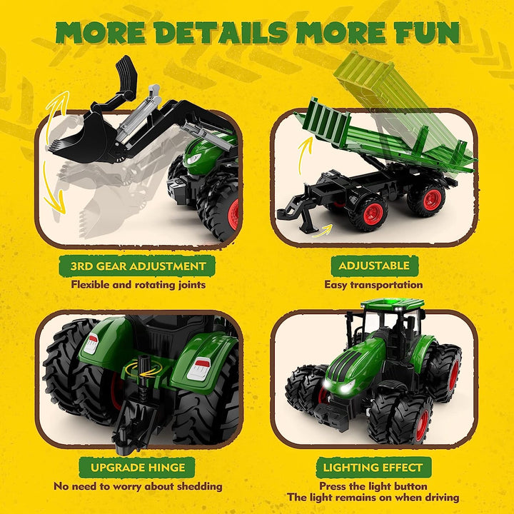 Remote Control Tractor Toy, Kids RC Tractor Set & Truck and Trailer Front Loader - Metal Car Head/8 Wheel/Light, Toddlers Farm Vehicle Toys for 3 4 5 6 7 8 9 Year Old Boys Girls Birthday Gift