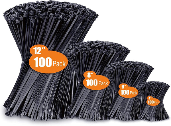 400 Pack Assorted Black Cable Ties