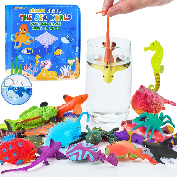 Color Changing Mold Free Bath Toys for Toddlers Kids, Color Change Sea Creatures Ocean Animal Toys & Glow in the Dark Toy with Bath Book(13 Pack), Water Table Toys Rubber Fish Toys for Kids Bathtub