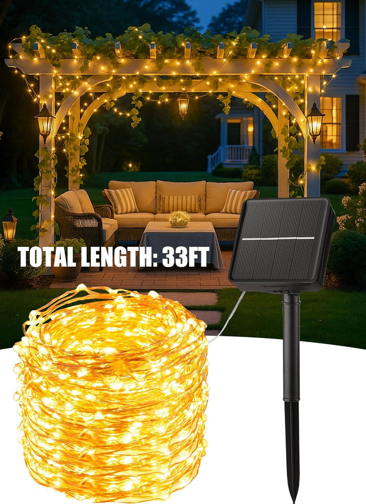 Solar String Lights for Outside, 33Ft 100 LED Outdoor Solar Fairy Lights, 8 Modes Balcony Lights for Tree Patio Christmas Party Wedding Decor (Warm White)