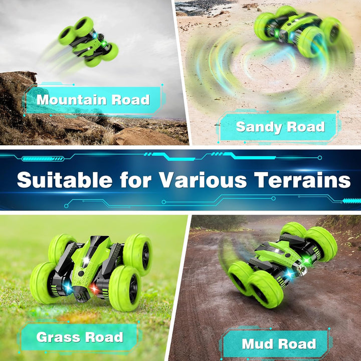 Remote Control Car, RC Stunt Car, 2.4Ghz Double Sided 360° Rotating Remote Control Truck with Headlights, 4 Wheel Drive, Cool Spray Patterns Music for Boys Girls Age 6 7 8 9 10 11 Year Old