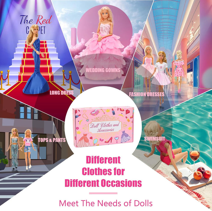 57 PCS Doll Clothes and Accessories 3 Wedding Gowns 3 Tops 3 Pants 3 Fashion Dresses 1 Evening Dresses 2 Swimsuits Bikini 6 Braces Skirt 10 Hangers 15 Shoes and 14 Accessories Toys for 11.5 Inch Doll