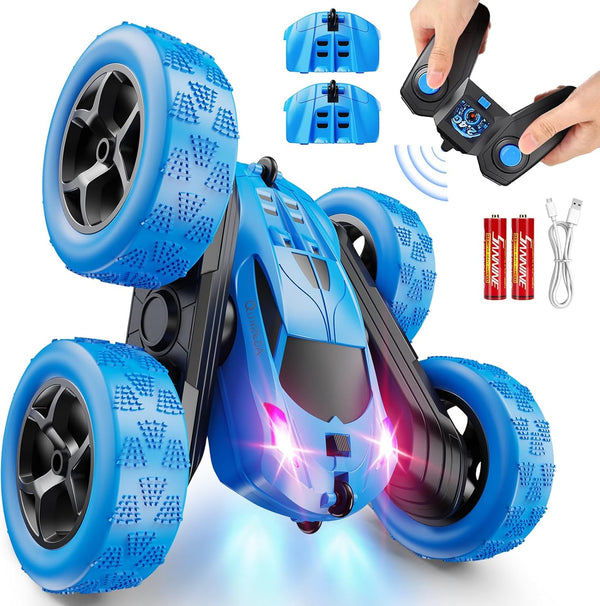 Remote Control Car, RC Cars Toys for Kids Ages 6-12, 4WD Stunt Car with LED Lights & 360° Flips, 2.4Ghz, Upgraded USB-C Modular Batteries, 8-10 Year Old Boys 1-Blue