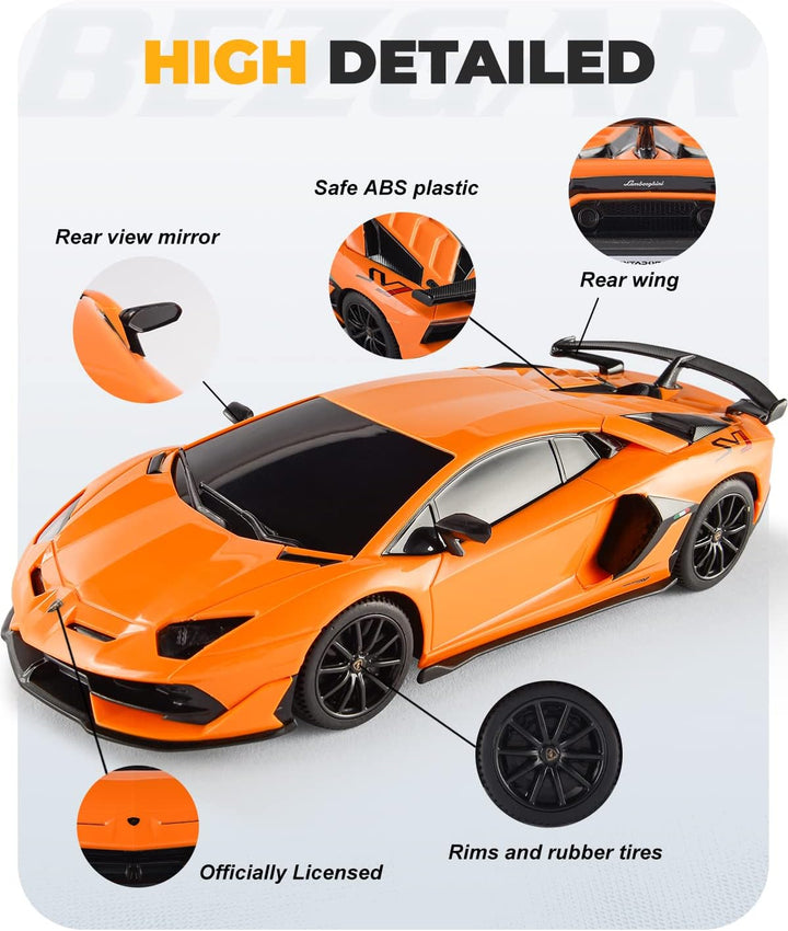 Remote Control Car Licensed RC Car, 1:24 Lambo Toy Car for Kids, Lambo Aventador SVJ Remote Control Model Car Electric Sport Racing Hobby Car for 3 4 5 Year Old Boy Birthday Gift (Orange)