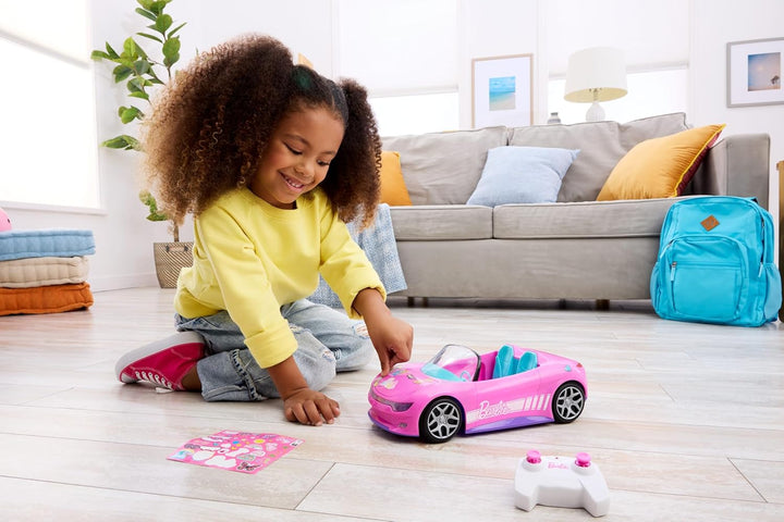 Hot Wheels RC Toy Car, Remote-Control Pink Convertible, Can Hold 2 Fashion Dolls & Trunk Opens for Storage, Sticker Sheet for Customizing