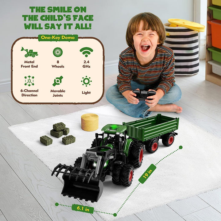 Remote Control Tractor Toy, Kids RC Tractor Set & Truck and Trailer Front Loader - Metal Car Head/8 Wheel/Light, Toddlers Farm Vehicle Toys for 3 4 5 6 7 8 9 Year Old Boys Girls Birthday Gift