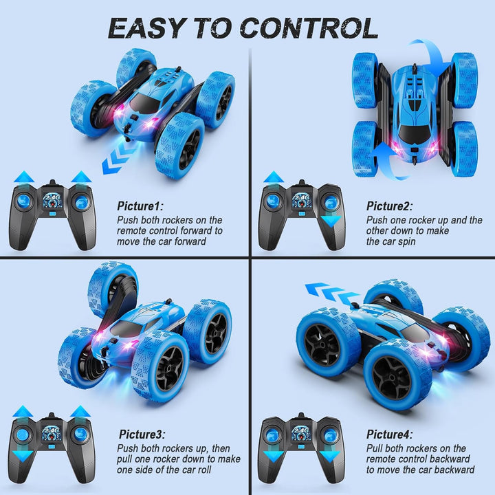 Remote Control Car, RC Cars Toys for Kids Ages 6-12, 4WD Stunt Car with LED Lights & 360° Flips, 2.4Ghz, Upgraded USB-C Modular Batteries, 8-10 Year Old Boys 1-Blue