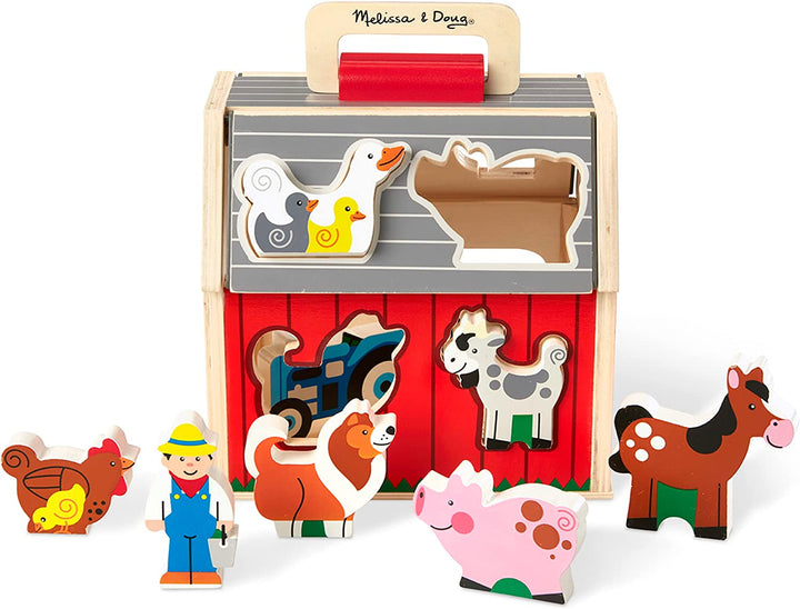 Wooden Take-Along Barn Toy with Flip-Up Roof and Handle, 10 Farm Play Pieces, Shape Sorting and Stacking Learning Toys for Toddlers and Kids Ages 2+