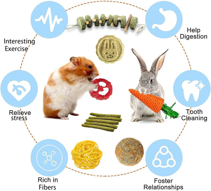 20 PCS Bunny Chew Toys for Teeth, Natural Rabbit Toys  Wood Grass Timothy Sticks Chew and Treat for Guinea Pigs Hamster Chinchillas