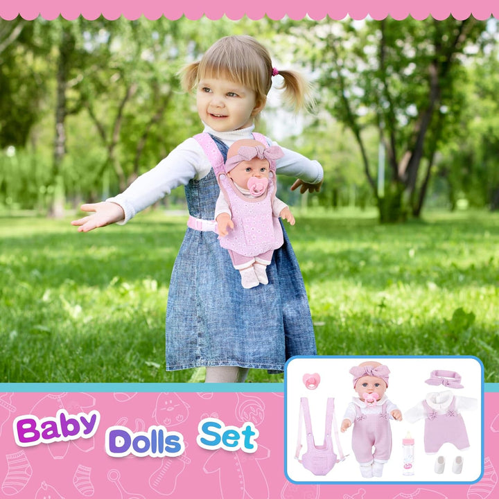 12 Inch Baby Doll Playset with Clothes and Dolls Carrier Accessories Included Baby Carrier, Bottles, Nipple, Socks, Headbands