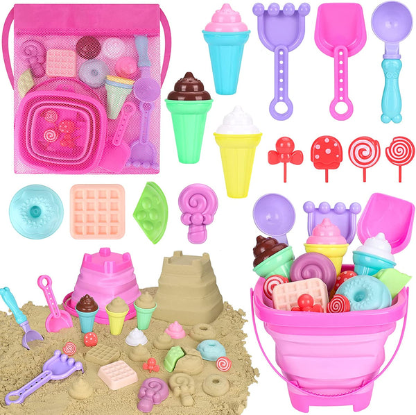Collapsible Beach Toys Set for Kids Toddlers Girls, Collapsible Sand Bucket and Shovels Set with Mesh Bag & Sand Molds, Ice Cream  Sand Toys for Beach, Sandbox Toys for Toddlers Kids Age 3-10