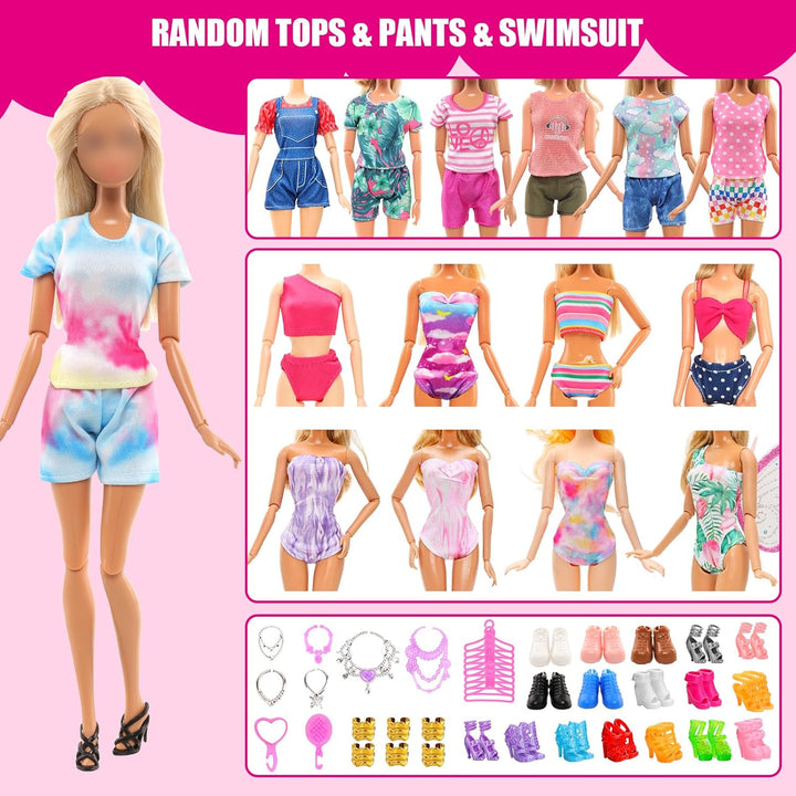 57 PCS Doll Clothes and Accessories 3 Wedding Gowns 3 Tops 3 Pants 3 Fashion Dresses 1 Evening Dresses 2 Swimsuits Bikini 6 Braces Skirt 10 Hangers 15 Shoes and 14 Accessories Toys for 11.5 Inch Doll