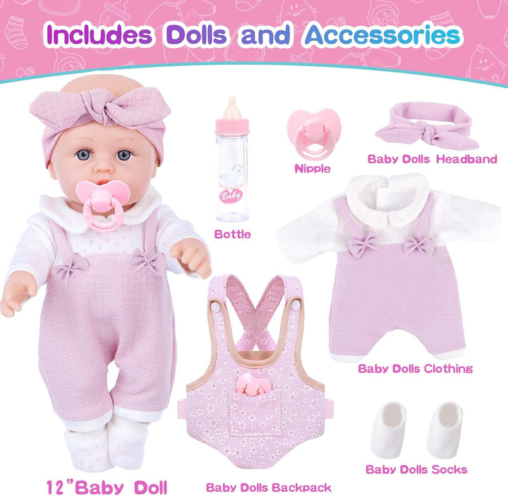 12 Inch Baby Doll Playset with Clothes and Dolls Carrier Accessories Included Baby Carrier, Bottles, Nipple, Socks, Headbands