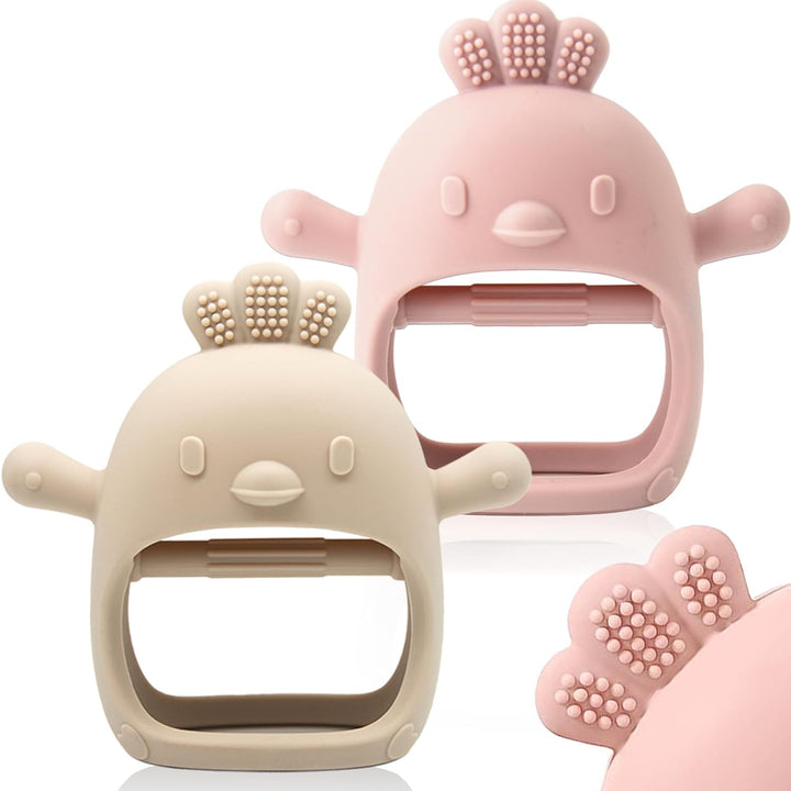 2 Packs Baby Teething Toy for 0-6 6-12 Months,  Grade Silicone Teething Mitten, anti Dropping Wrist Hand Teethers Baby Chew Toys for Sucking Needs, BPA Free (Green & Caramel)