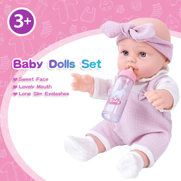 12 Inch Baby Doll Playset with Clothes and Dolls Carrier Accessories Included Baby Carrier, Bottles, Nipple, Socks, Headbands