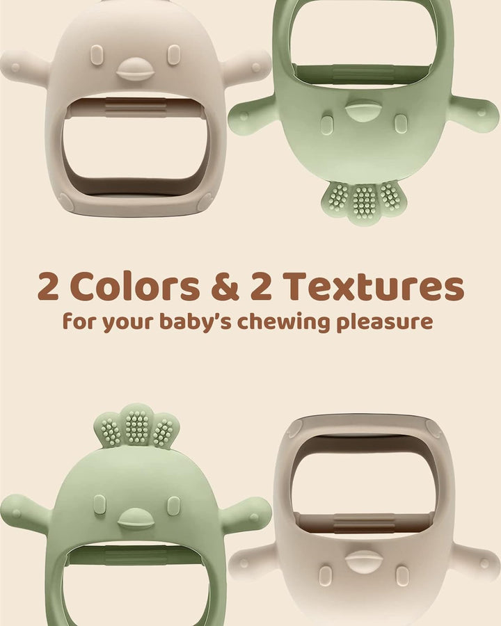 2 Packs Baby Teething Toy for 0-6 6-12 Months,  Grade Silicone Teething Mitten, anti Dropping Wrist Hand Teethers Baby Chew Toys for Sucking Needs, BPA Free (Green & Caramel)