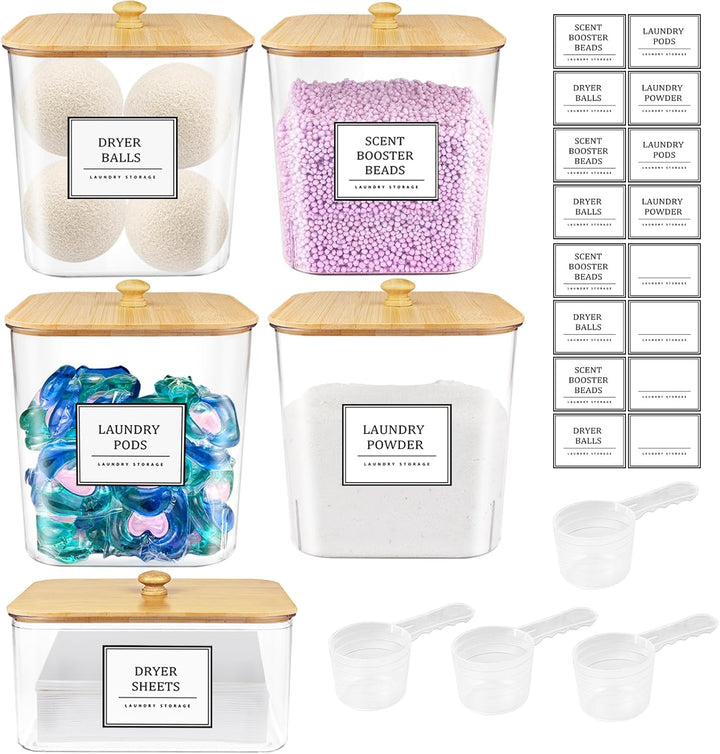 3+1 Pack Laundry Pods Container,Clear Laundry Room Organization Containers,Large Laundry Detergent Powder Storage Containers with Wooden Lids & Labels,Laundry Pods Holder for Scent Booster,Powder,Pods