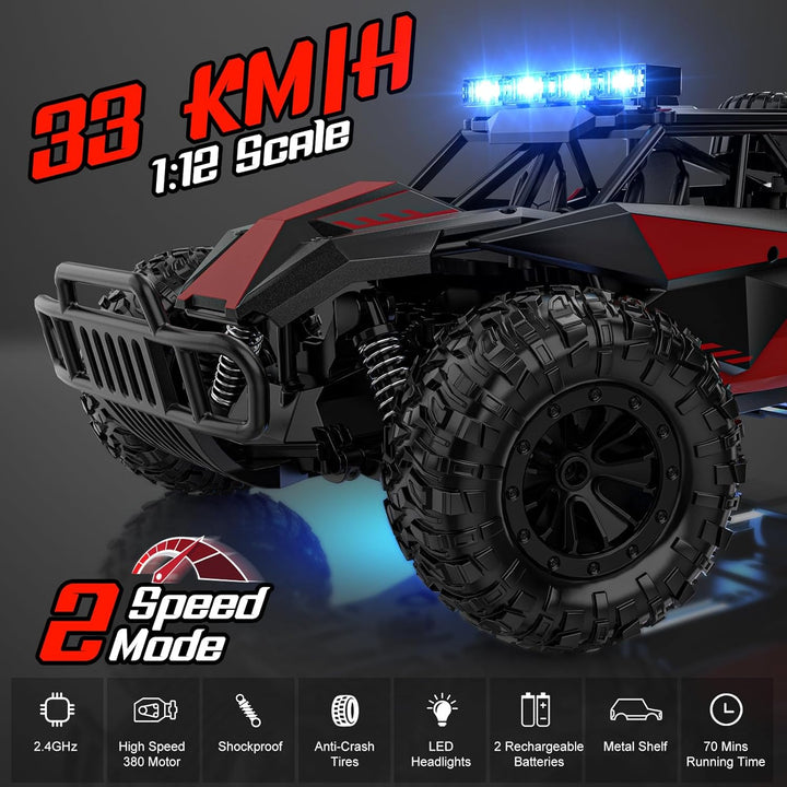 Remote Control Car, 2.4Ghz High Speed 33KM/H RC Cars Toys, 1:12 Monster RC Truck off Road with LED Headlight and Rechargeable Battery Gifts for  Boys 8-12