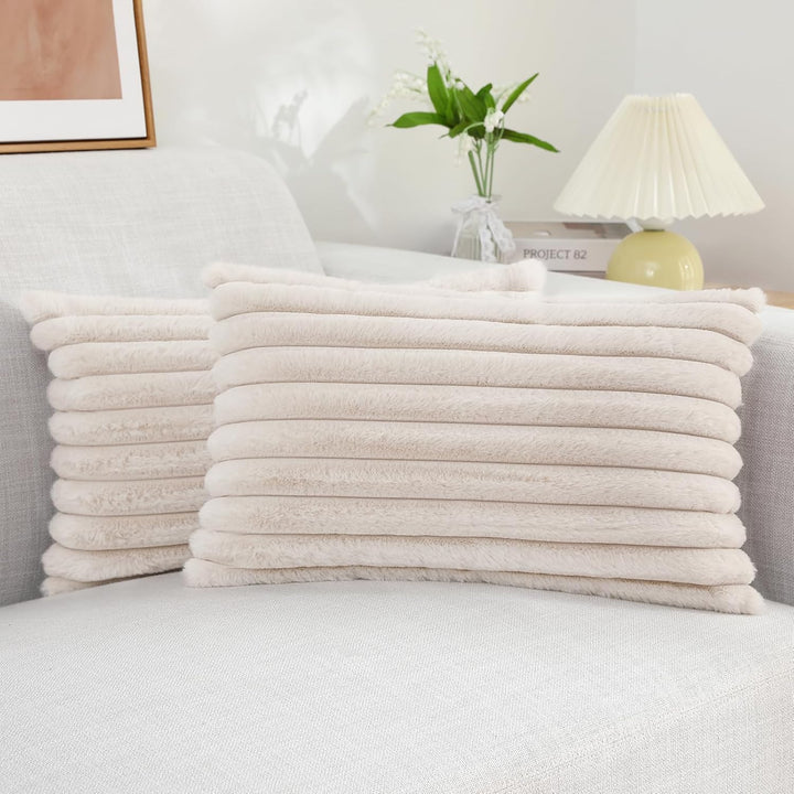 Faux Fur Striped Pillow Covers Set of 2