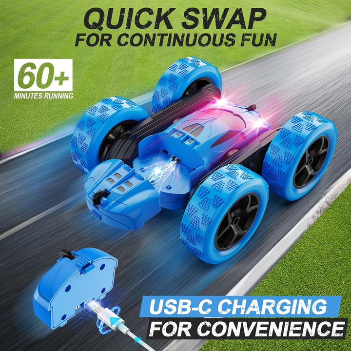 Remote Control Car, RC Cars Toys for Kids Ages 6-12, 4WD Stunt Car with LED Lights & 360° Flips, 2.4Ghz, Upgraded USB-C Modular Batteries, 8-10 Year Old Boys 1-Blue