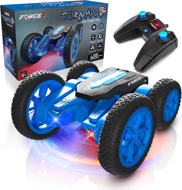 Tornado Blue LED Remote Control Car for Kids- Double Sided Driving Fast RC Cars 360 Flips, Outdoor 4WD off Road Stunt RC Car, All Terrain Tires, RC Crawler Rechargeable Battery, 2.4Ghz Remote