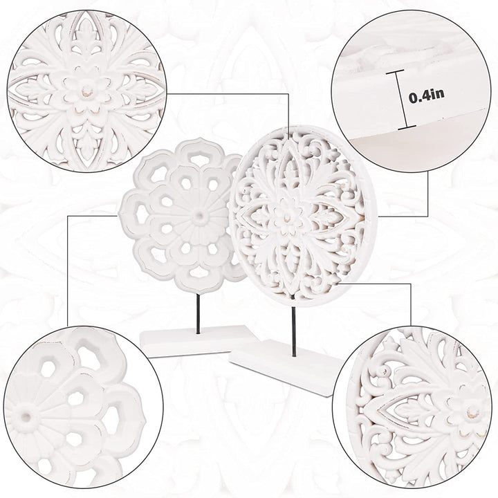 2-Pack Wooden Flower Medallion Statues