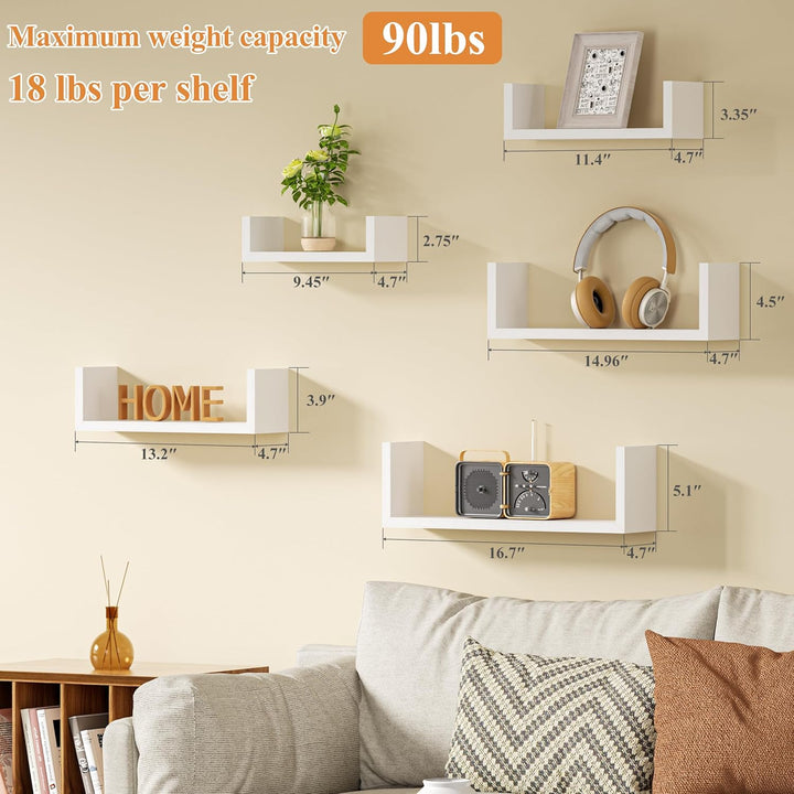 Set of 5 Floating Wood Shelves - Washed White