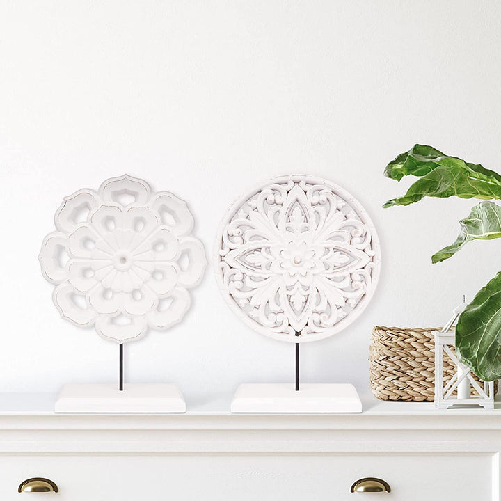2-Pack Wooden Flower Medallion Statues