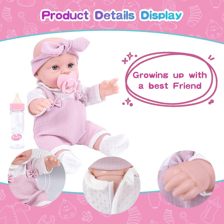 12 Inch Baby Doll Playset with Clothes and Dolls Carrier Accessories Included Baby Carrier, Bottles, Nipple, Socks, Headbands