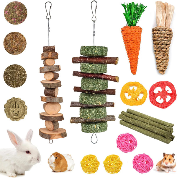 20 PCS Bunny Chew Toys for Teeth, Natural Rabbit Toys  Wood Grass Timothy Sticks Chew and Treat for Guinea Pigs Hamster Chinchillas
