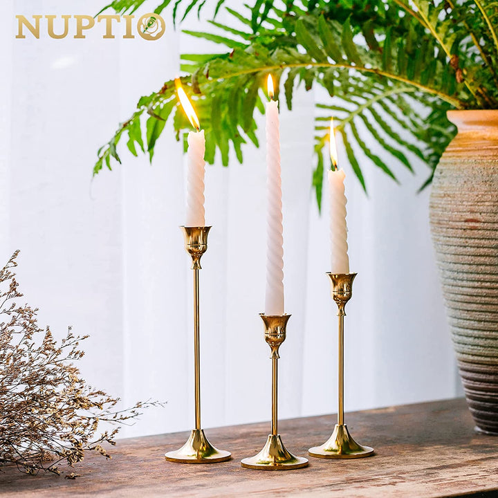 Gold Brass Taper Candle Holders Set (3)