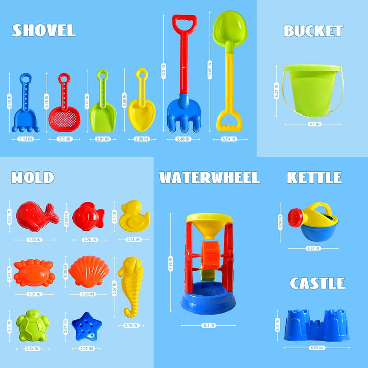 Beach Toys, 19 Piece Sand Toys Set Kids Sandbox Toys Includes Water Wheel Beach Tool Kit Bucket Watering Can Molds with Mesh Bag for Kids Ages 3-13
