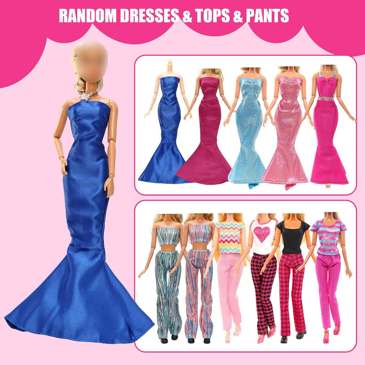 57 PCS Doll Clothes and Accessories 3 Wedding Gowns 3 Tops 3 Pants 3 Fashion Dresses 1 Evening Dresses 2 Swimsuits Bikini 6 Braces Skirt 10 Hangers 15 Shoes and 14 Accessories Toys for 11.5 Inch Doll