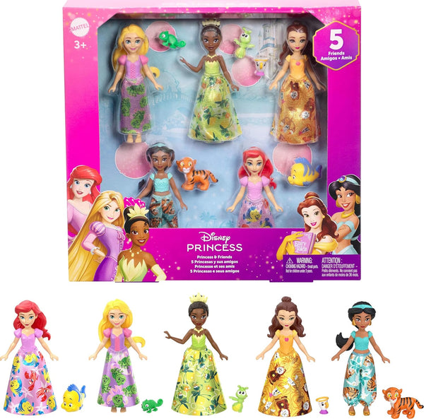Princess & Friends Set with 5 Posable Small Dolls in Removable Skirts or Pants & 5 Friend Figures, Inspired by the  Movies