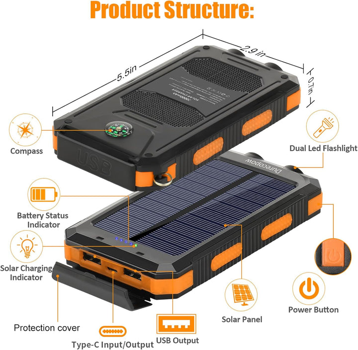 20000mAh Solar Charger Power Bank - Orange