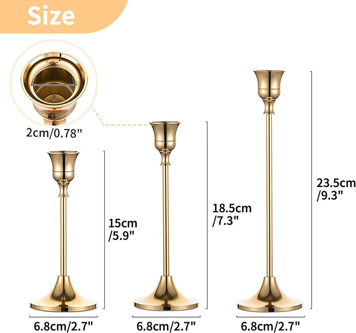 Gold Brass Taper Candle Holders Set (3)