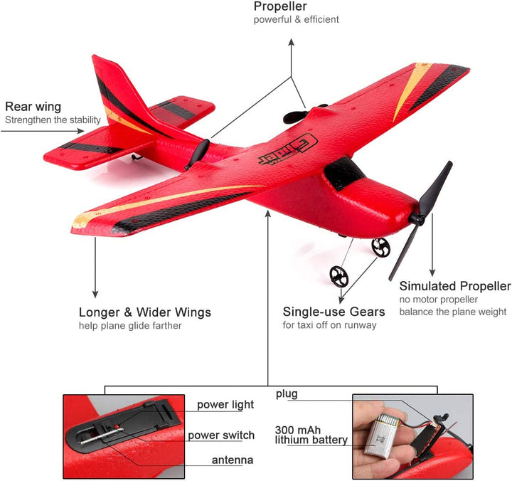 2 CH RC Airplane, RC Plane Ready to Fly, 2.4Ghz Remote Control Airplane, Easy to Fly RC Glider for Kids & Beginners (Red)