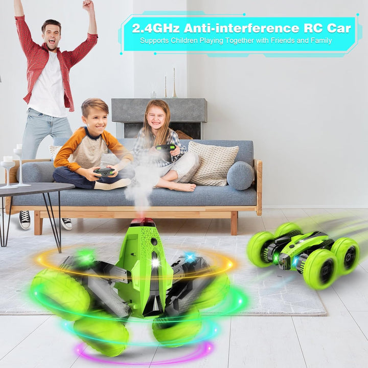 Remote Control Car, RC Stunt Car, 2.4Ghz Double Sided 360° Rotating Remote Control Truck with Headlights, 4 Wheel Drive, Cool Spray Patterns Music for Boys Girls Age 6 7 8 9 10 11 Year Old
