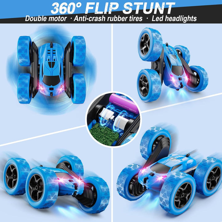 Remote Control Car, RC Cars Toys for Kids Ages 6-12, 4WD Stunt Car with LED Lights & 360° Flips, 2.4Ghz, Upgraded USB-C Modular Batteries, 8-10 Year Old Boys 1-Blue