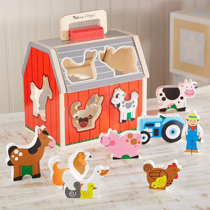 Wooden Take-Along Barn Toy with Flip-Up Roof and Handle, 10 Farm Play Pieces, Shape Sorting and Stacking Learning Toys for Toddlers and Kids Ages 2+