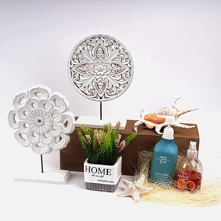 2-Pack Wooden Flower Medallion Statues