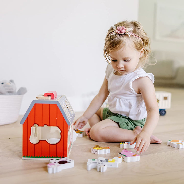 Wooden Take-Along Barn Toy with Flip-Up Roof and Handle, 10 Farm Play Pieces, Shape Sorting and Stacking Learning Toys for Toddlers and Kids Ages 2+