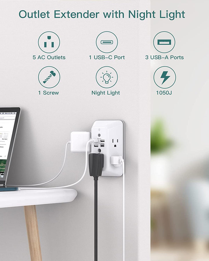 5-Outlet Surge Protector with USB & Night Light