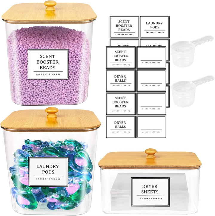 3+1 Pack Laundry Pods Container,Clear Laundry Room Organization Containers,Large Laundry Detergent Powder Storage Containers with Wooden Lids & Labels,Laundry Pods Holder for Scent Booster,Powder,Pods